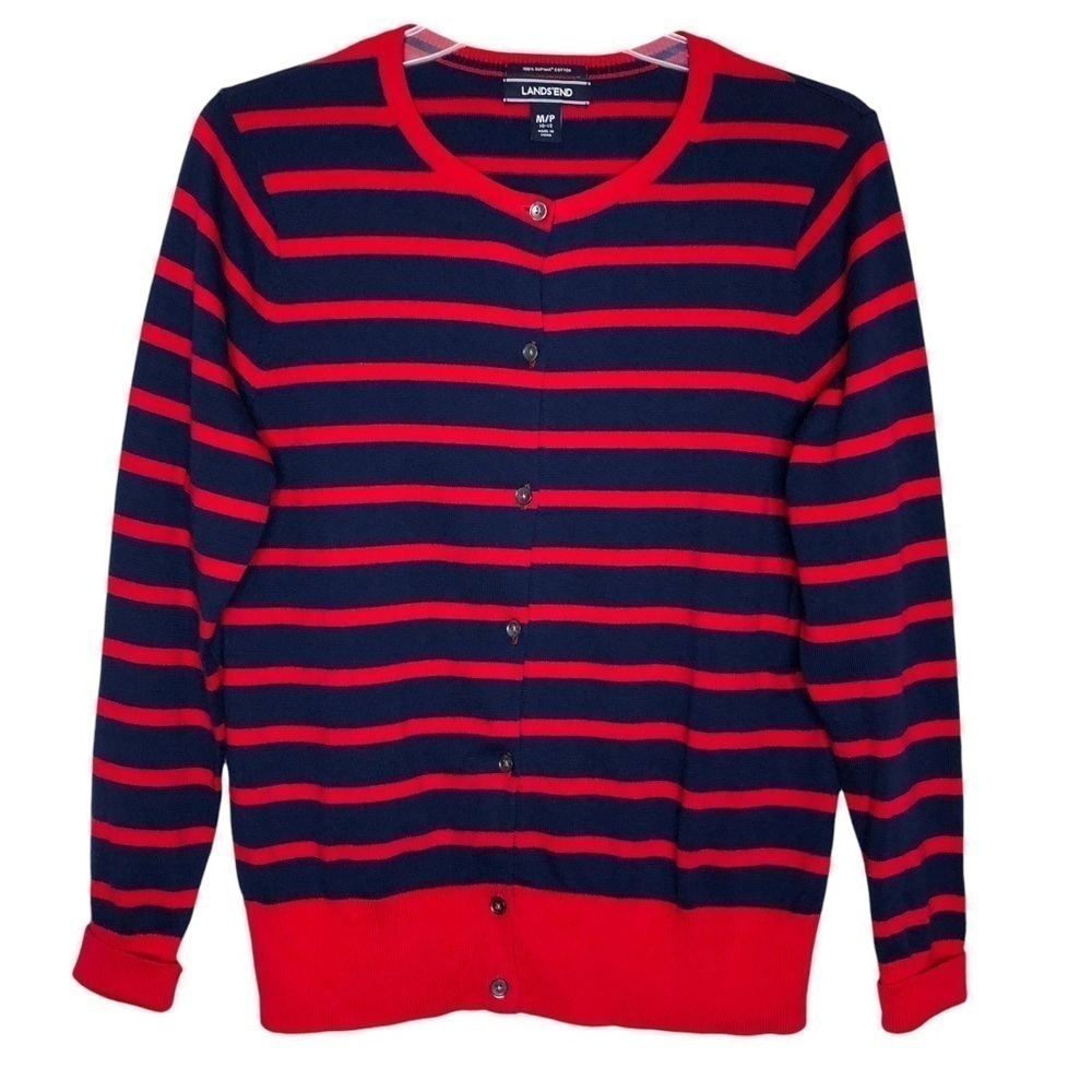 New - LANDS’ END 100% Supima Cotton Red & Blue Striped Button Front Cardigan MP